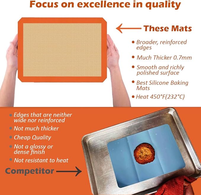 Non-Stick Silicone Baking Mats (Orange, 3-Pack)