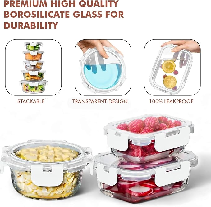 Razab 30 PC Glass Food Storage Containers with Lids - Reusable Glass Meal Prep Containers for Lunch and Leftovers - Airtight & Leakproof Snap Locking Lids - Oven, Freezer, Microwave, Dishwasher Safe