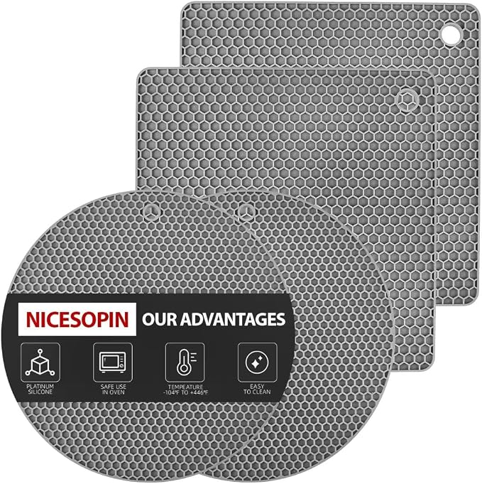 4 Pack Silicone Hot Pads & Pot Holders - Heat Resistant Non-Slip Mats for Kitchen Countertops, Trivets for Hot Pots, Dishwasher Safe & BPA-Free (Black)