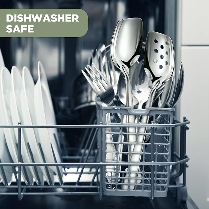 4 Pack Large Serving Spoons Flat Bottom Cooking Slotted Spoon Stainless Steel for Cooking Kitchen Parties Buffet Utensils Dishwasher Safe,2 Styles 10 Inch Silvery