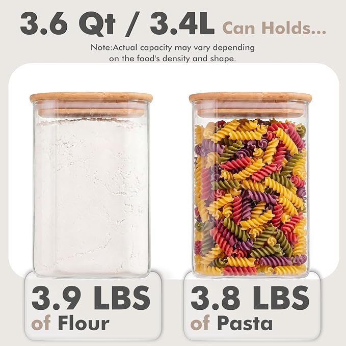 3.4Qt Large Glass Flour Cereal Storage Container with Bamboo Lid | Wide Mouth Design, With Measuring Cup, Minimalist Kitchen Organizer,Scandinavian Style Storage,Nordic Style Storage