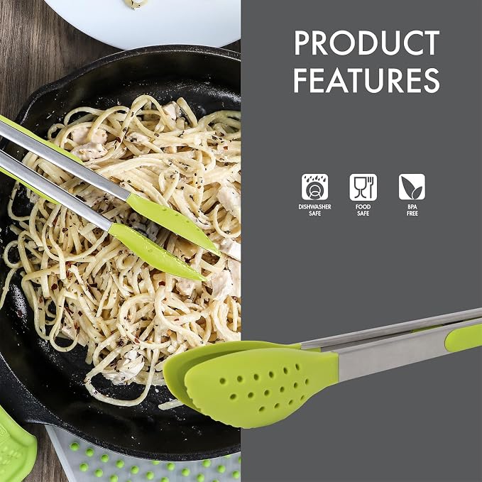 Dexas Spoon & Strain Tongs with Gravity open & Close Operation, 12", Green
