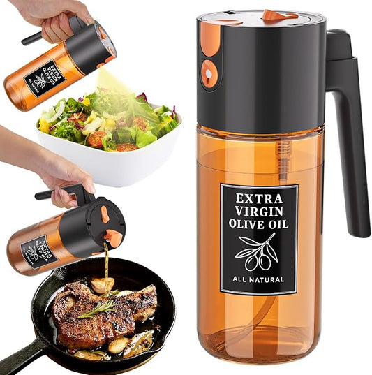 2-in-1 Dark Glass Oil Sprayer & Dispenser, Black Fine Mist No-Drip | 500ml dark glass for air fryer, BBQ, grilling & daily cooking; food-safe, 304 filter, wide-mouth refill and cleaning.