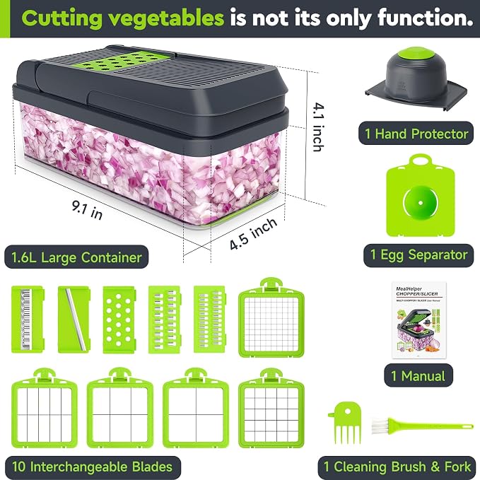 MealHelper 15-in-1 Vegetable Chopper, 10 Blade Veggie Chopper, Practical Food Chopper with Container, Cheese Grater, Home Essentials & Kitchen Gadgets(Green)