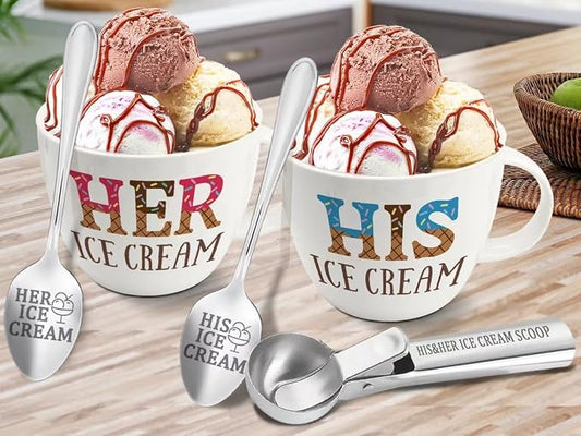 FUTBU Anniversary Couple Gift Ice Cream Bowls and Spoon Scoop Set, His and Hers Gifts, Mothers Day Couples His Her Ice Cream Accessories Bowl Present, Unique Wedding Gift 2025 for Friends