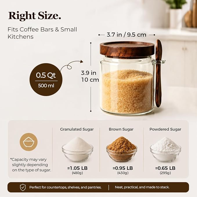 ComSaf Sugar Jars with Acacia wood Lids and Spoons 0.5Qt 2Pack, Decorative | Glass Food Storage Container, Brown Sugar Coffee Tea, Pantry Kitchen Countertop Coffee Bar, Wide Mouth, Canisters with Labels