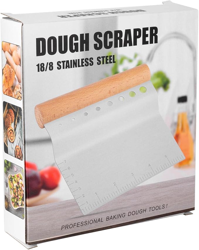 Stainless Steel Pastry Scraper, Dough/Pastry/Bread Bench Scraper/Cutter/Chopper/Pizza Cutter /Stainless Herbal Peeling Machine with Non-Slip Rectangle Wood Handle and Herb Stripper 8-hole