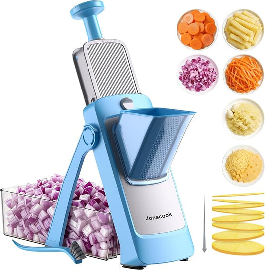 Jonscook All-in-1 Safe Mandoline Slicer for Kitchen, Vegetable Slicer with Container, Adjustable Veggie Mandoline, French Fry Cutter, Potato/Tomato/Onion Slicer, Grater/Cleaning Brush (Blue)