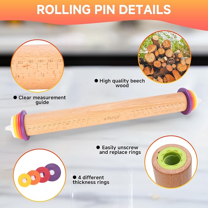13.6" Adjustable Wooden Rolling Pin with 4 Thickness Rings & Cookie Molds | Olforce 2-10mm / 1/16"-3/8" Dough Thickness Control Roller for Pizza, Cookie, Bread & Pie Crusts