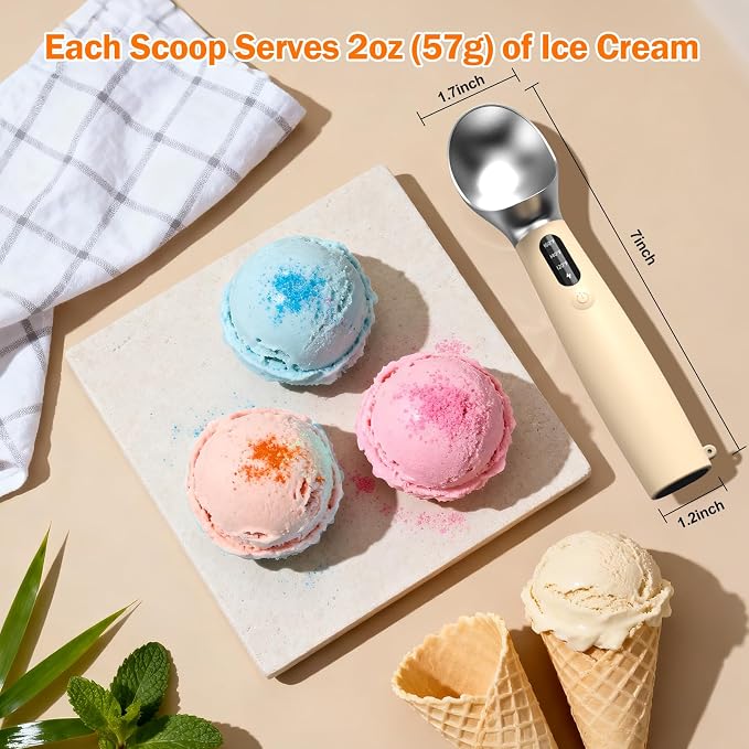 Heated Ice Cream Scoop for Hard Ice Cream, 3-Temp Electric Cordless Ice Cream Scooper, Rechargeable USB-C Fast Charge with LED Display, IP67 Waterproof Head, Easy to Clean - Cream