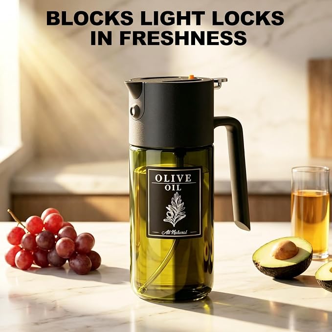 Gelibo 2-IN-1 Oil Sprayer for Cooking, 500ML Light-Blocking Glass Oil Dispenser for Kitchen, Olive Oil Spray Bottle with Leak-Proof,Cooking Spray with Portion Control for BBQ, Air Fryer, Salad - Black