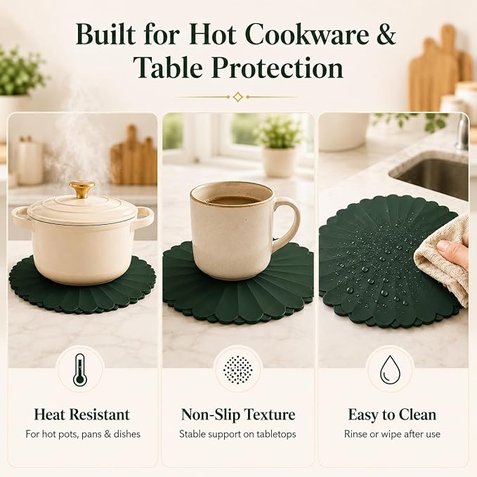 Heat-Resistant Silicone Trivet Mats, Non-Slip Hot Plate Holder for Kitchen Countertops & Dining Table, Reusable Pot Holder Pad with Secure Grip, Dishwasher Safe (Green, Diameter: 30cm/11.81")