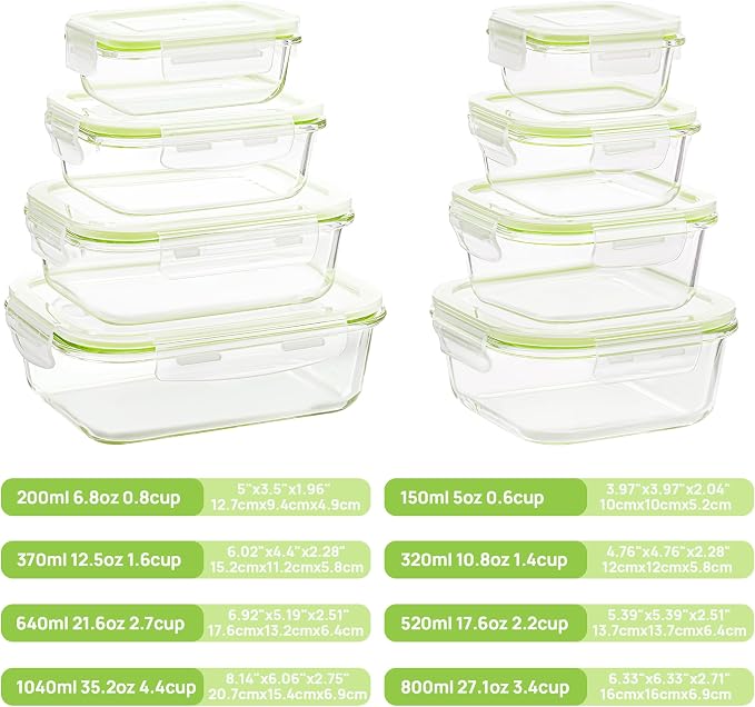 Vtopmart 8 Pack Glass Food Storage Containers with Airtight Lids | Meal Prep Lunch Containers, Leakproof, Leftover Storage, Take-out, Microwave, Oven, Freezer and Dishwasher Safe, BPA Free