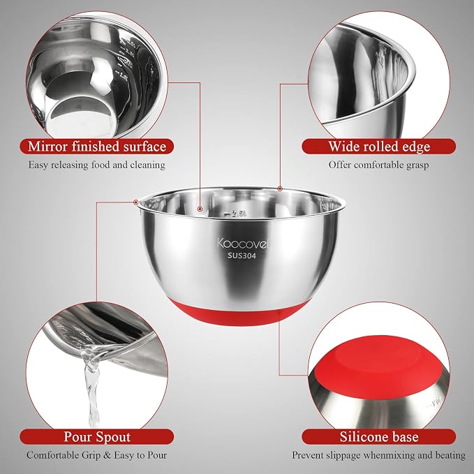 Metal Mixing Bowls Set Stainless Steel, Non Slip Mixing Bowls(Set of 3) | Salad Bowl with Pour Spout, Nesting Design& Dishwasher-Safe