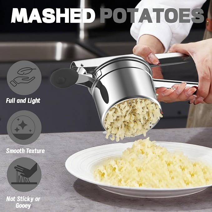Large 15oz Potato Ricer for Mashed Potatoes, Heavy Duty 18/8 Stainless Steel Potato Masher for Baby Food & Spaetzle Maker, Masher and Ricer Kitchen Tool, Press and Mash Kitchen Gadget, Black