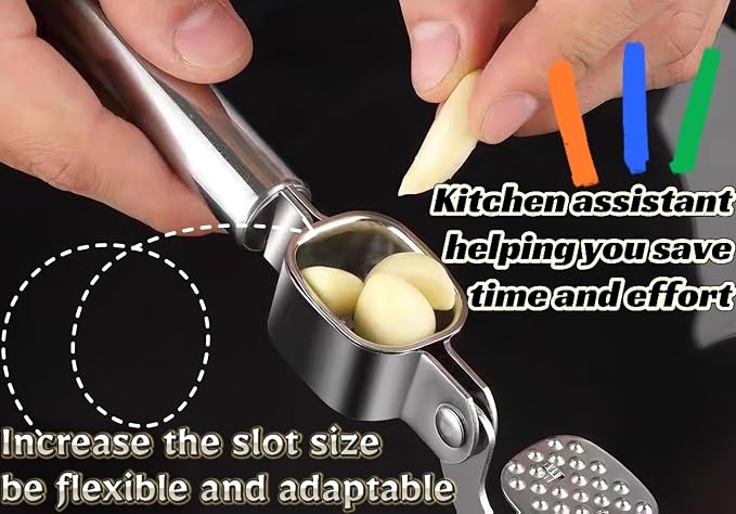 Stainless Steel Garlic Press & Ginger Crusher with Peeler Tube - Heavy Duty Metal Mincer for Garlic, Ginger, Nuts - Dishwasher Safe, Includes Cleaning Brush & Silicone Peeler