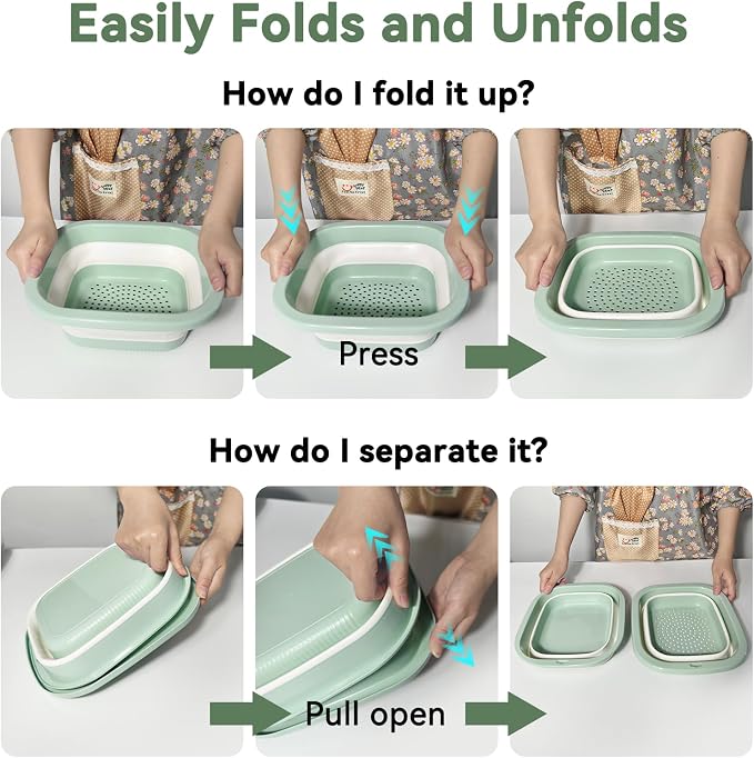 Collapsible Colander and Sink Basin Set - 2 in 1 Collapsible Colander Strainer with Collapsible Wash Basin for Kitchen, RV Camping, Foldable Fruit Vegetable Washing Basket, 8 QT, Blue