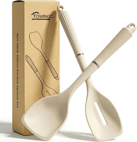 2 Pack Silicone Cooking Spoon Spatulas, 13Inch Non Stick Large Rubber Solid Slotted Spoon Set for Mixing, Draining, Scraping, Heat Resistant Kitchen Utensils, White