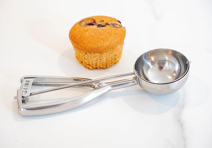 Jenaluca Jumbo Ice Cream Scoop, 18/8 Stainless Steel, 1/2 Cup Size #8 | Commercial-grade disher for ice cream, cupcakes, muffins, cookies & batter. Squeeze handle. Dishwasher safe.