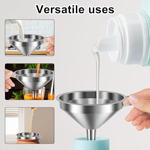 2027 Stainless Steel Filter Funnel,7 Pack Funnel Set | 4 Sizes 2.2-5.9 Inches Food Grade 304 Metal Kitchen Funnels with 3 Fine Mesh Strainers for Filling Bottles, Canning, Oil