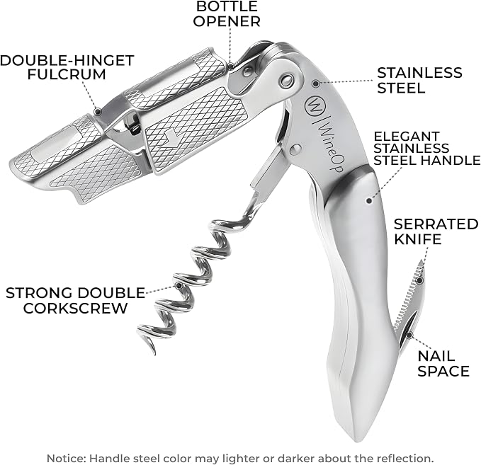 WineOp Professional Wine Opener Luxury Double Hinged Waiter's Corkscrew Wine Bottle Key - Cork screwer for Servers, Bartenders, Sommelier and Home Use | All-In-One Stainless Steel (Silver Handle)