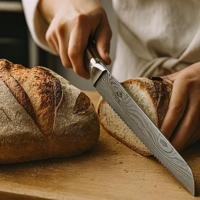 Premium 10-inch Serrated Bread Knife | Razor Sharp Cutter for Homemade Bread, Sourdough & Cake | Elegant Kitchen Essential for Effortless Slicing, Damascus Steel Lasered Pattern | Kitchen Gifts | Ultra-sharp serrated edge for sourdough, bagels, cakes. ...