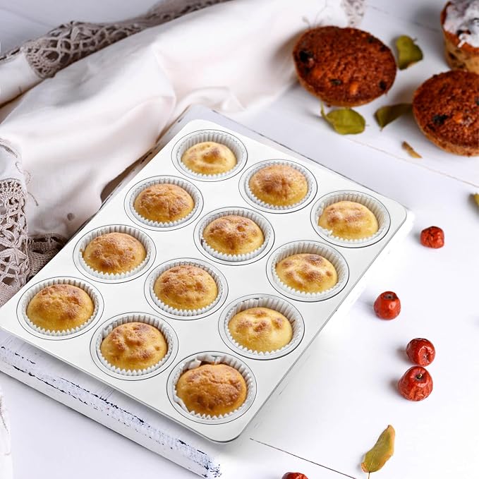 Herogo 12-Cup Stainless Steel Muffin Pan Tin for Baking, Metal Cupcake Tray Set for Making Egg Muffin Quiches, Mini Brownie, Easy to Clean & Quick Release, Oven & Dishwasher Safe
