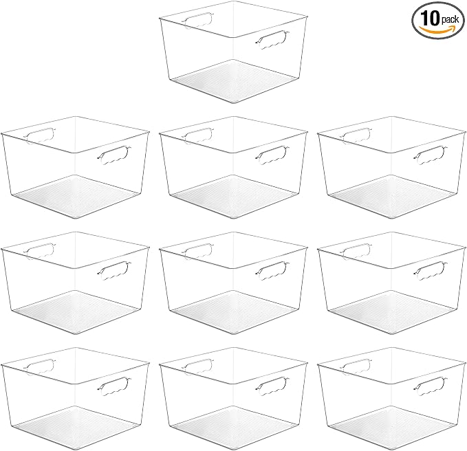Vtopmart 10 Pack Extra Large Clear Storage Bins, 11x11 Cube Organizer | Acrylic Cube Storage Bins, Plastic Containers with Handle for Pantry, Kitchen, Closet, Laundry Room, Bathroom, Under Sink