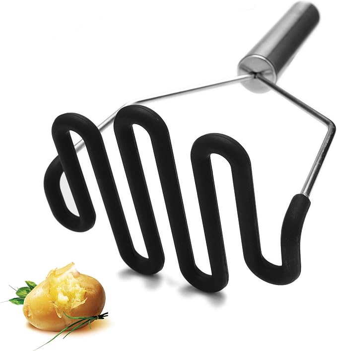 Jell-Cell Potato Masher - Silicone Protect Body with Premuim Stainless Steel Non-Scratch Cookware for Smooth Mashed Potato Vegetables and Fruits Color Black