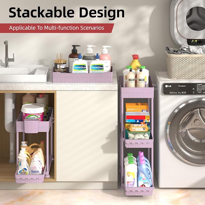 4-Pack 2-Tier Under Sink Organizer with Pull Out Drawers | Multi-use kitchen & bathroom storage. Includes hanging hooks and cups. Pink, space-saving cabinet design. 14.8 Inch