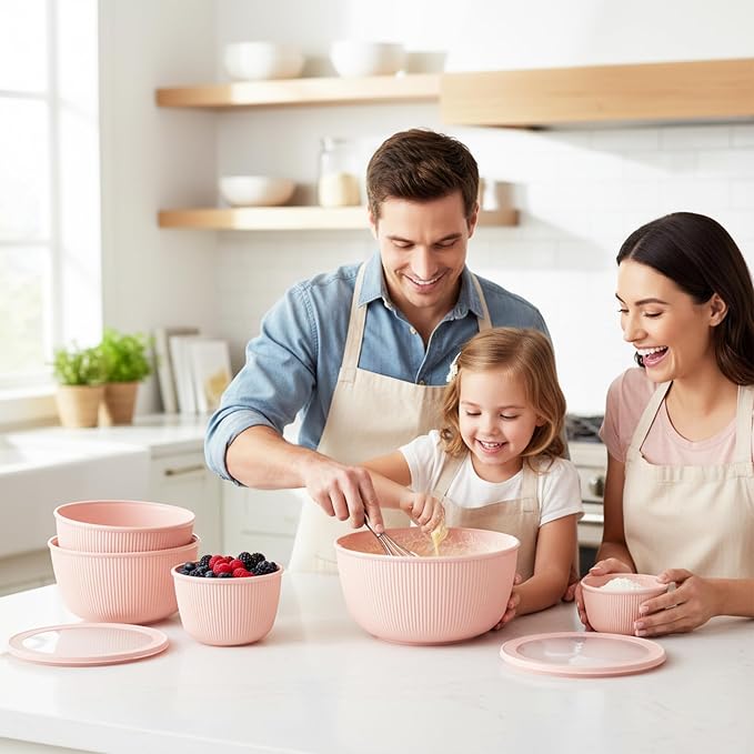BoxedHome 4.97 Quarts Mixing Bowls with Lids Set, 4 Packs BPA-Free Plastic Prep Bowls for Kitchen, Dishwasher & Microwave Safe, Pink