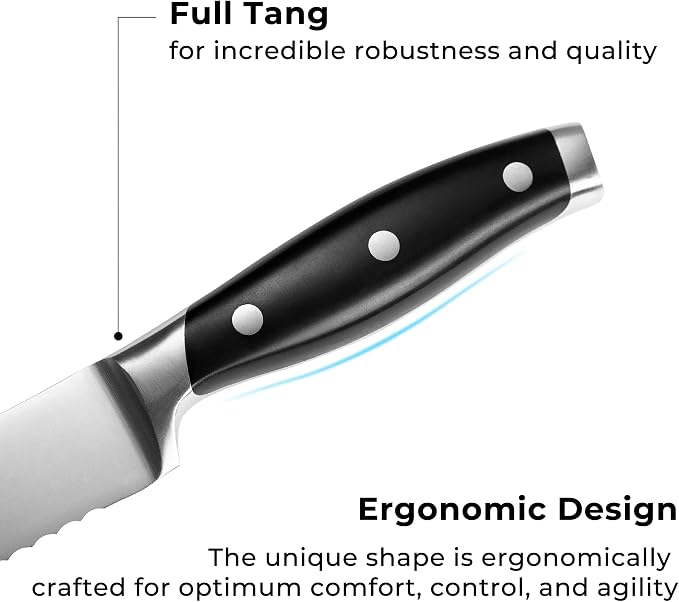 linoroso Serrated Bread Knife for Homemade Bread with Elegant Gift Box, Full Tang Ultra Sharp Forged German Carbon Stainless Steel Bread Knife 8 inch for Slicing Bread, Bagels, Cake - Classic Series