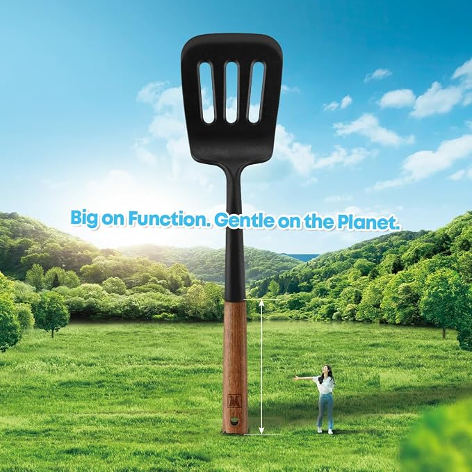 WAGENSTEIGER Set of 2pc Silicone Cooking Utensils: Wooden Handle Slotted Spatula + Cooking Ladle, Heat Resistant Cooking Utensil, BPA Free, Protects Surfaces with Gentle Head Design