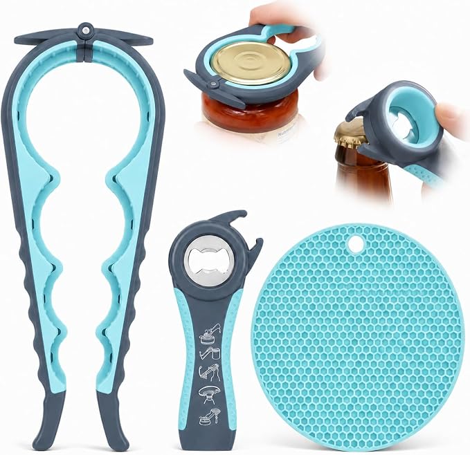 Jar Opener for Weak Hands, Seniors with Arthritis, 3-Piece Set with 5-in-1 Bottle Opener, Can Opener & Non-Slip Rubber Gripper Pad, Easy Grip Lid Opener for Arthritic Hands