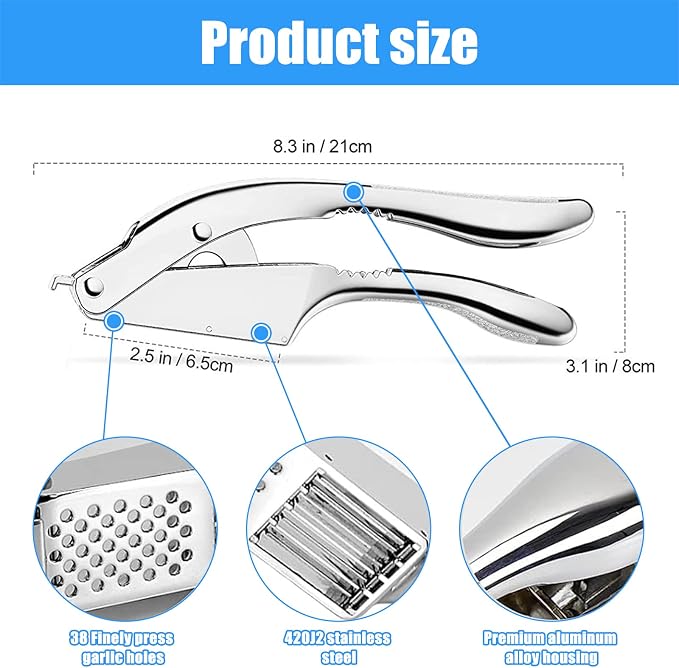 2-in-1 Garlic Cutter Stainless Steel Garlic Press with Ergonomic Non-Slip Handle for Fresh Garlic Ginger Nut Easy to Use & Clean