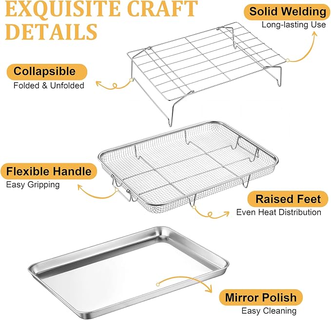 E-far Air Fryer Basket for Oven, Large Stainless Steel Baking Sheet Pan and Crisper Tray with Collapsible Cooling Rack & 38 Skewers for Oven Cooking Air Frying Roasting Grilling, Dishwasher Safe