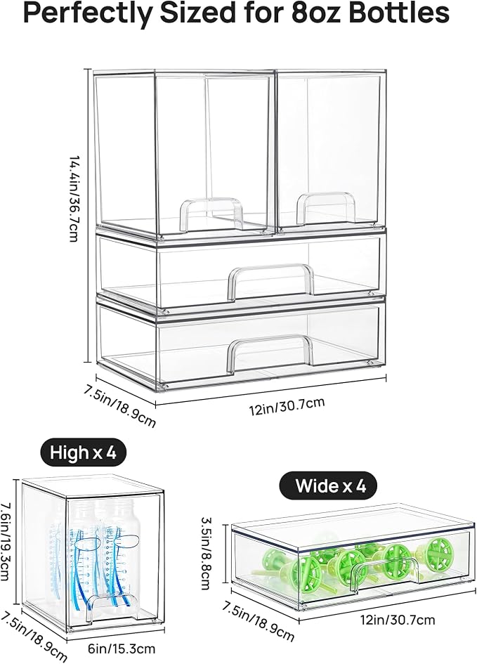 Vtopmart Clear Stackable Storage Drawers Set of 8, Plastic Organizer Bins | Multi-purpose Boxes for Baby Bottle Storage, Ideal for Kichen, Vanity, Bathroom, Undersink, Cabinet, Pantry Organization