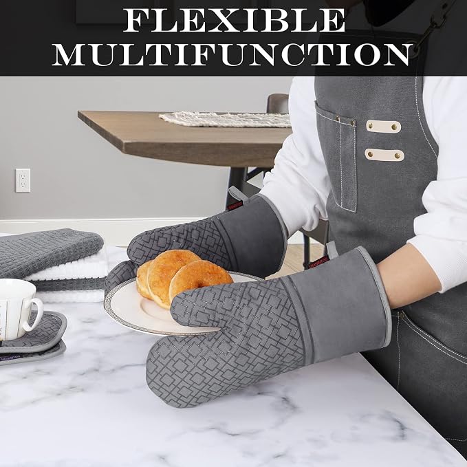 Oven Mitts and Pot Holders Sets 6pcs, Kitchen Oven Glove,High Heat Resistant 550 Degree Extra Long Oven Mitts and Potholders with Non-Slip Silicone Surface for Home Essentials (Grey) (Gray)