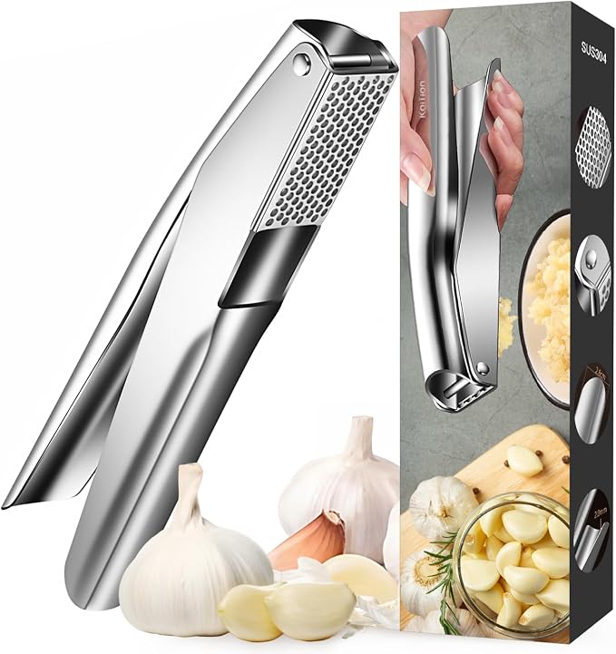 Garlic Press Stainless Steel, Garlic Crusher, Dishwasher Safe | 304 stainless steel, no peeling, ergonomic handles, dishwasher safe, 5 cm chamber