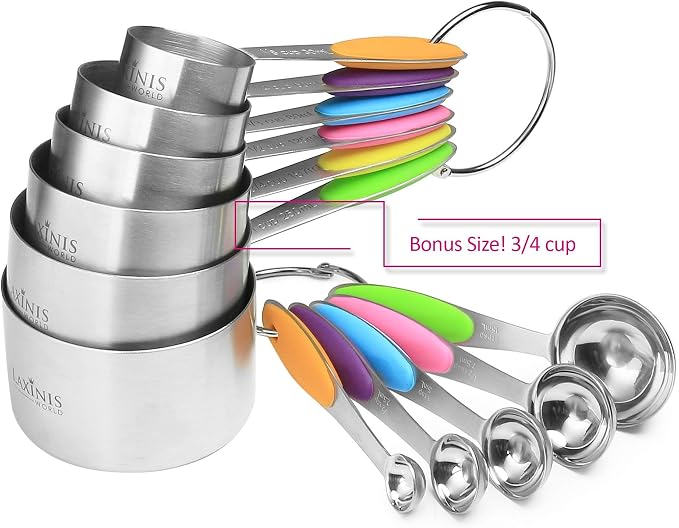New Version! 11 Piece Measuring Cups And Spoons Set by Laxinis World | Sturdy Stainless Steel Stackable 6 Cups and 5 Spoons with Soft Silicone Handles to Measure Dry and Liquid Ingredients
