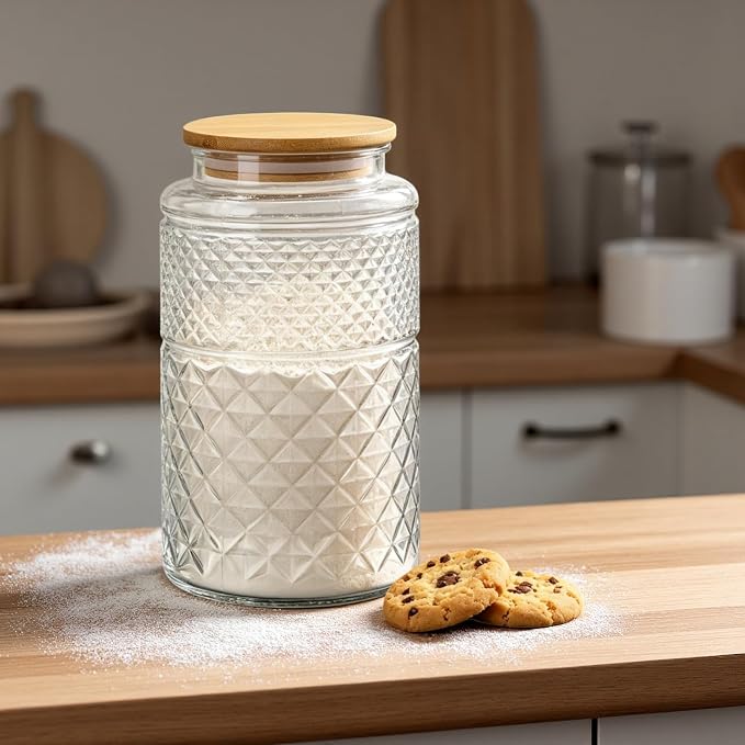 1 Gallon Large Vintage Glass Storage Jar with Airtight Bamboo Lid, Round | Kitchen Pantry Thick Glass Container for Flour Sugar Cookie Coffee Laundry Pods, Wide Mouth Opening and Airtight Bamboo lid