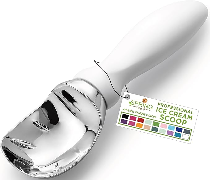 Spring Chef White Commercial Ice Cream Scoop with Comfortable Handle - Heavy Duty Metal Ice Cream Scooper for Frozen Yogurt, Gelato, Sorbet, Melon, Sundae - Dishwasher Safe Kitchen Tool