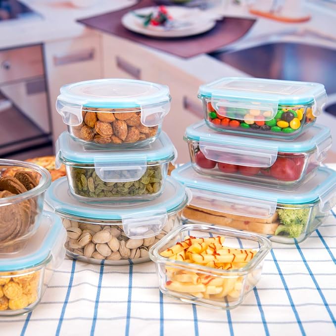 AILTEC Glass Food Storage Containers with Lids 9 Pack, 3 Shape Airtight Set | Ideal for Meal Prep, Lunch, Leak Proof, Borosilicate Glass Reusable, Microwave, Oven, Freezer Dishwasher Safe, BPA Free