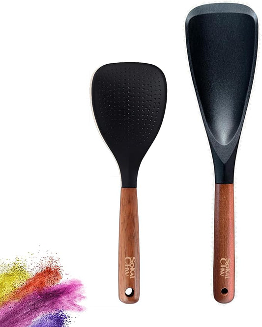 Spatula Spoon and Rice Spoons with Wooden Handle, Food Grade Silicone Great for Cooking, Mixing, Scooper, Scrape, Non stick Heat Resistant (black, Rice set 2 pcs)