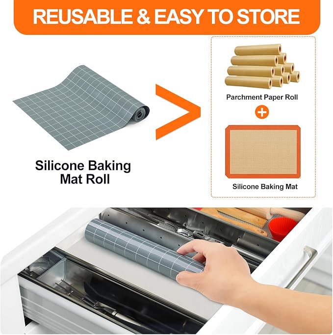 Silicone Baking Mat Roll, 12IN*5.25FT Non Stick Heat Resistant Baking Mats,No Slip Reusable Freeze Dryer Mat,Pastry Mat,Countertop Mat, Cut to size fit different Sharp Oven Pans Dishes Tins,Gray