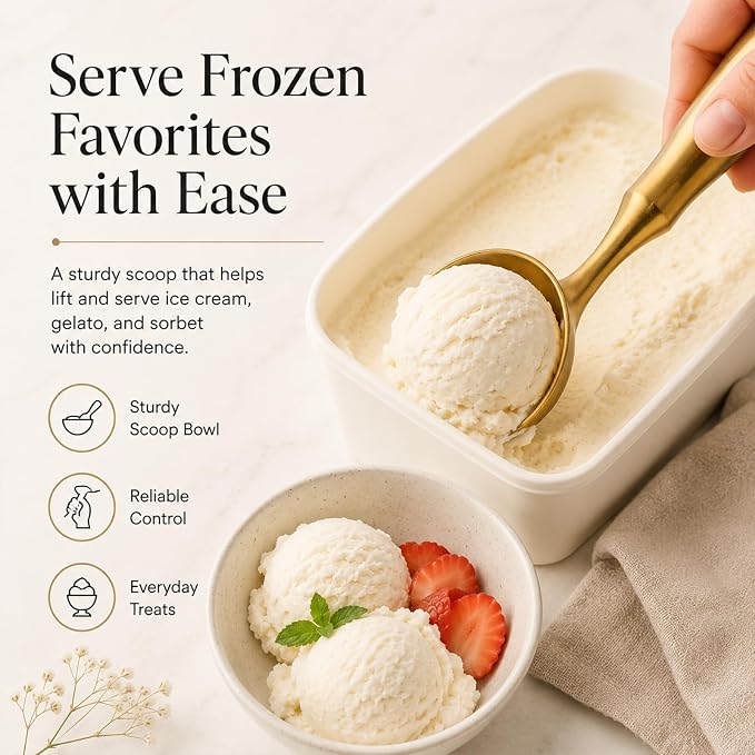 Heavy-Duty 304 Stainless Steel Ice Cream Scoop, 4.5 oz Cookies Scoop, Durable, Corrosion-Resistant & Dishwasher Safe with Ergonomic Grip for Perfect Scooping, Solid Design, Gold