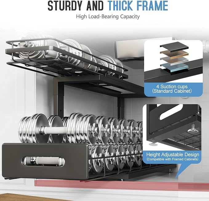 Under Sink Organizer Upgrade To Professional Rails,2-Tier Dual Pull Out Cabinet Storage,Height Adjustable Slide Out Drawers For Bathroom Kitchen,1 Pack-21"Dx12.8"-16.9"H,Black