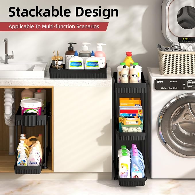 4-Pack 2-Tier Under Sink Organizer with Pull Out Drawers | Multi-use kitchen & bathroom storage. Includes hanging hooks and cups. Black, space-saving cabinet design. 14.8 Inch