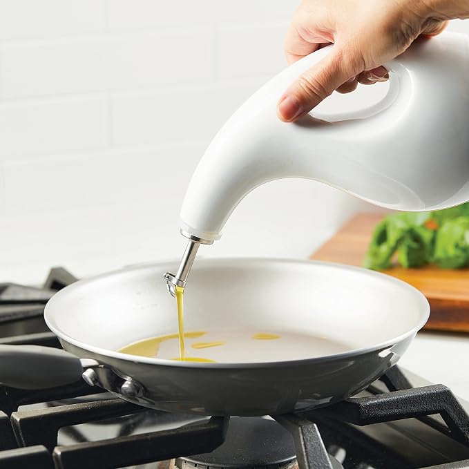 Rachael Ray Ceramic Olive Oil Dispenser Bottle for EVOO Oil and Vinegar, 24-Ounce, White