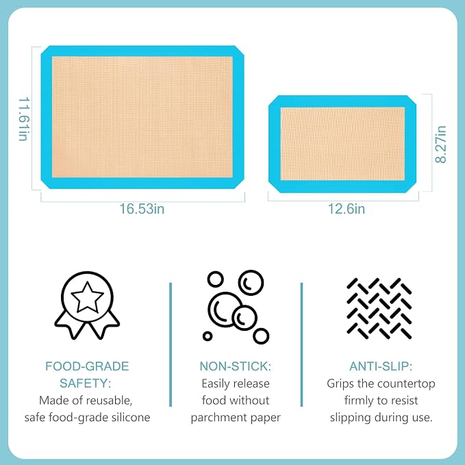 Silicone Baking Mat Set of 3, Non-Stick 2 Half & 1 Quarter Sheets | Dishwasher Safe, Reusable Baking Supplies for Cookies, Bread, Pastries & Dough, Mint Blue